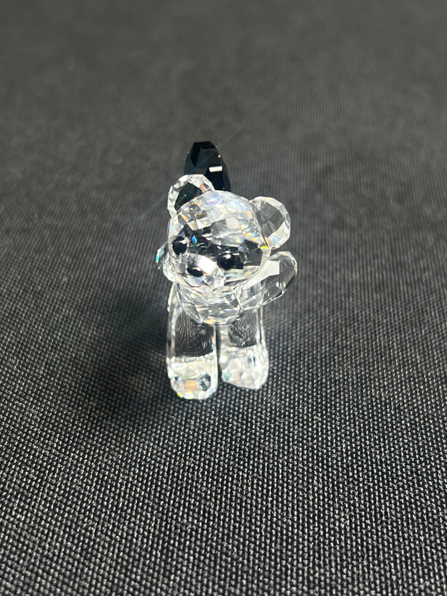 Clear glass bear figurine on a dark textured surface