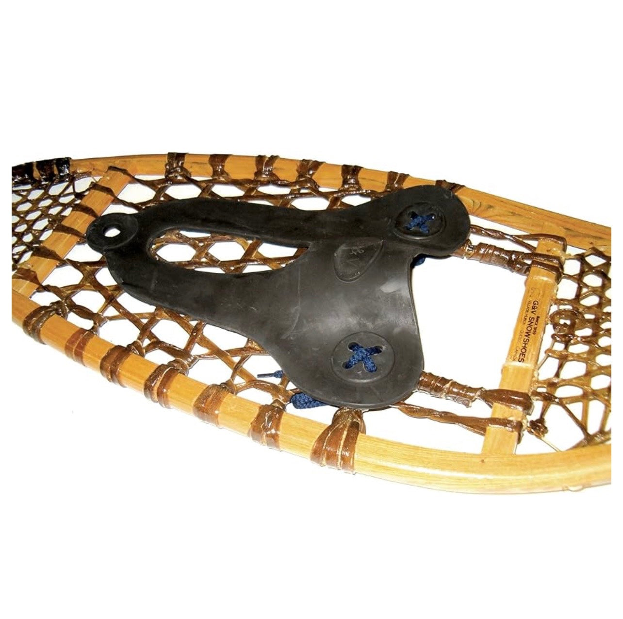 Close-up of a snowshoe with wooden frame and metal binding on a white background