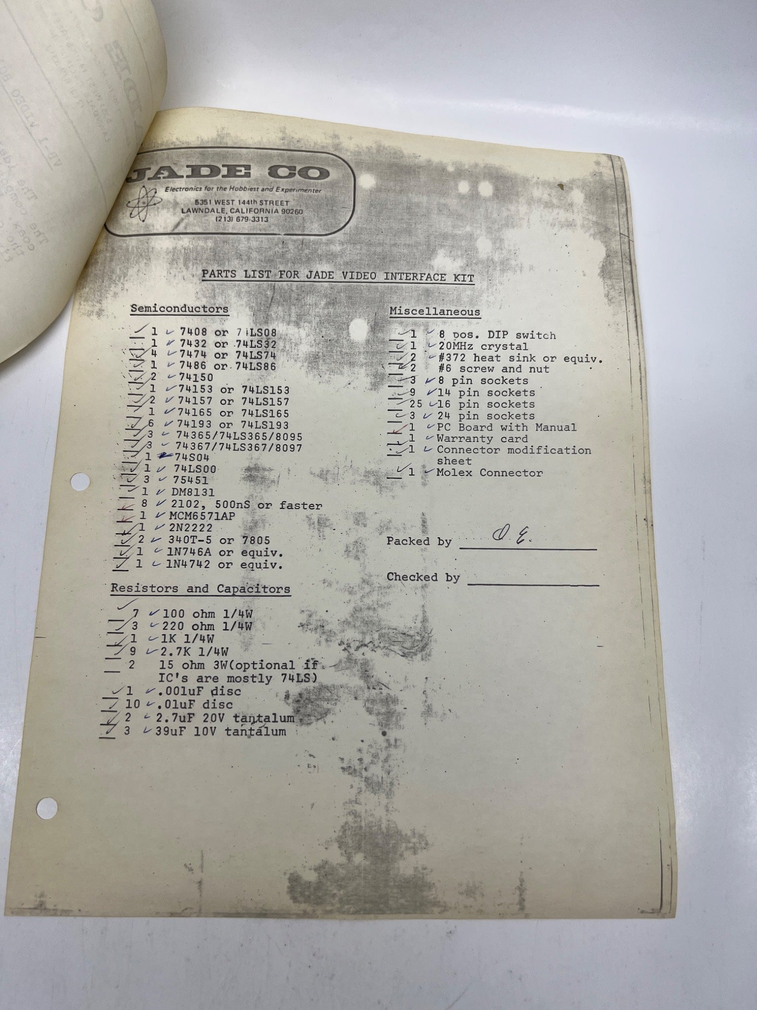 Rare Jade Computer Products VB-1 Video Board Assembly Sheet