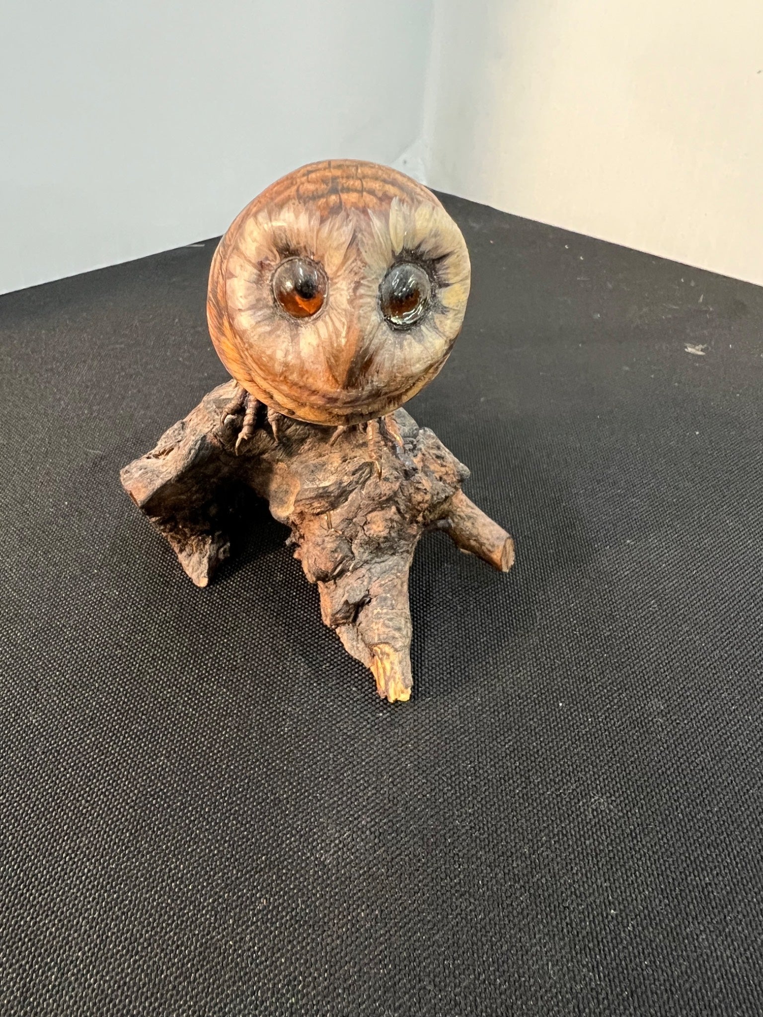 Vintage Hand Carved Wood Owl Figurine Natural Wood Base Hand Painted