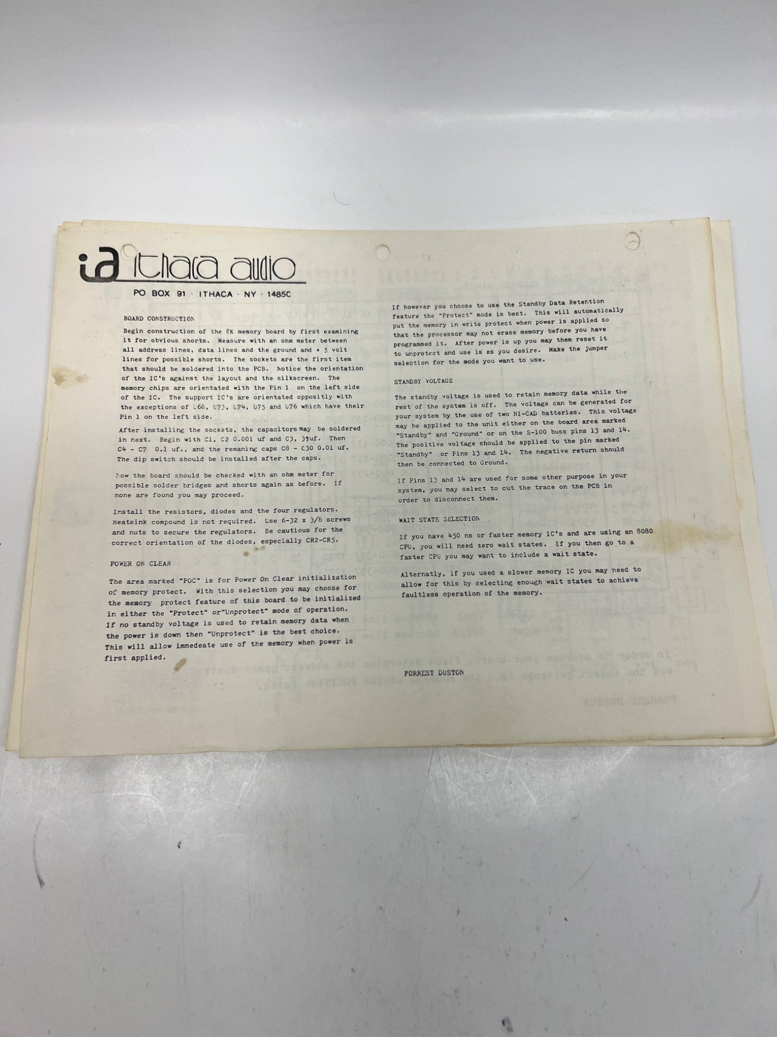 Rare 1970s S-100 Computer Manual Archive - Ithaca Audio & SSM