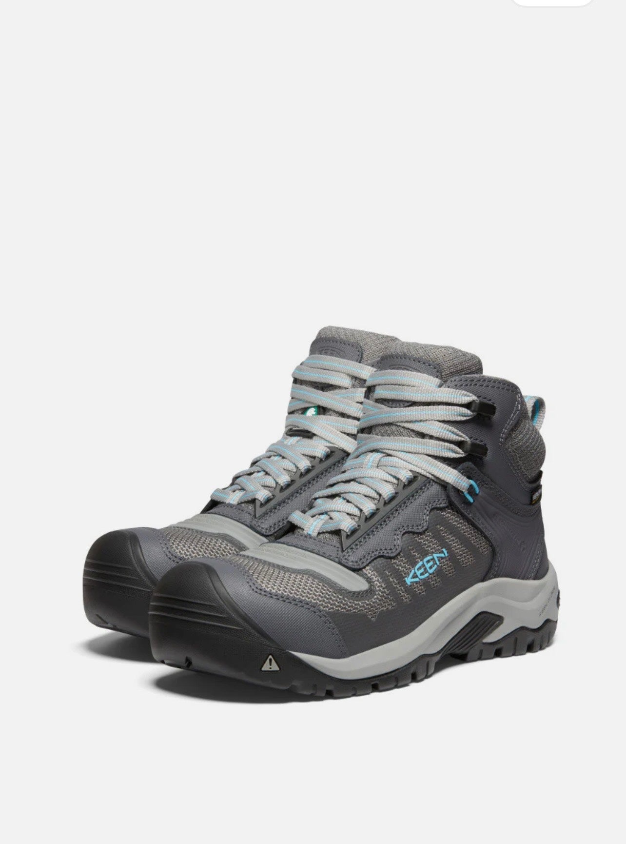 Gray hiking boots with KEEN logo on a white background