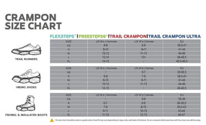 Crampon size chart for different shoe types on a white background