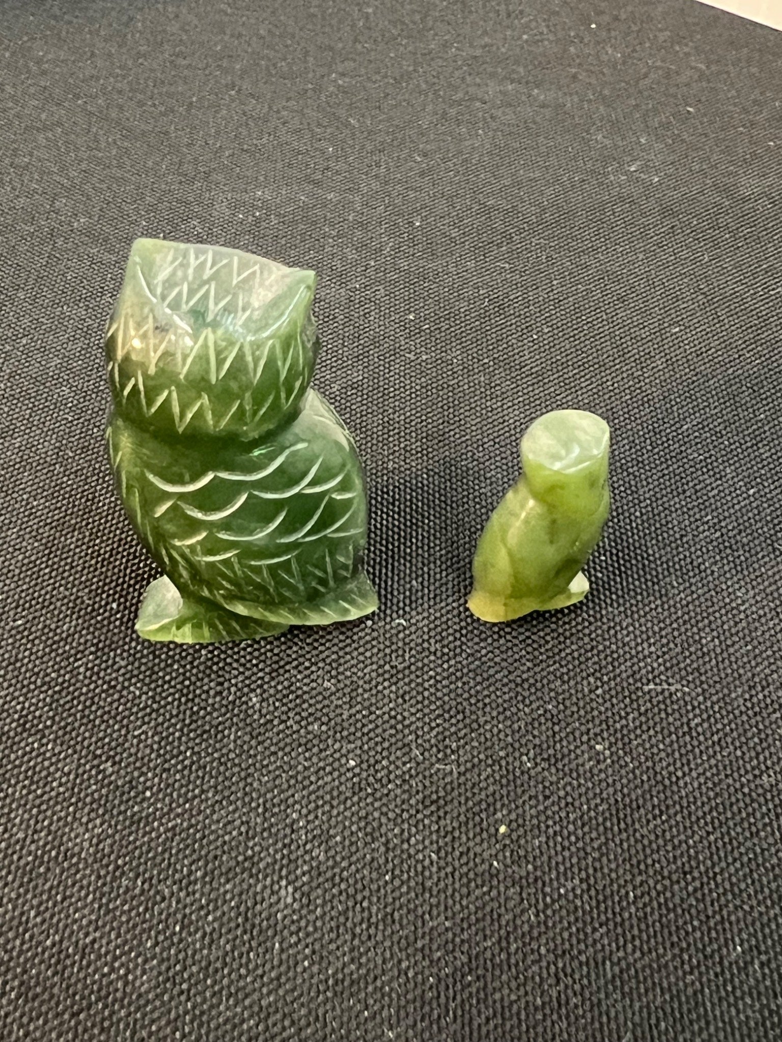 Two Green Jade Carved Stone Owl Figurines