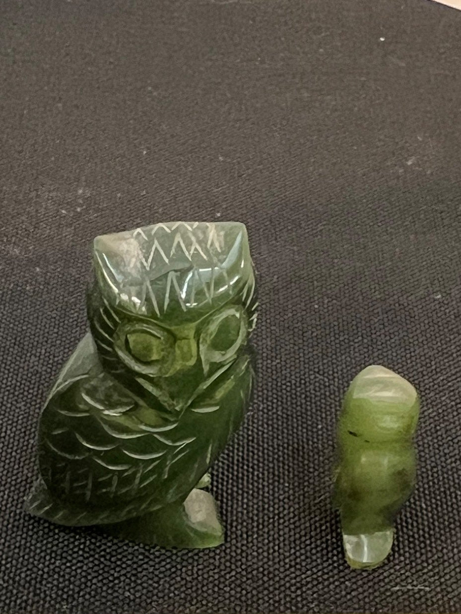Two Green Jade Carved Stone Owl Figurines
