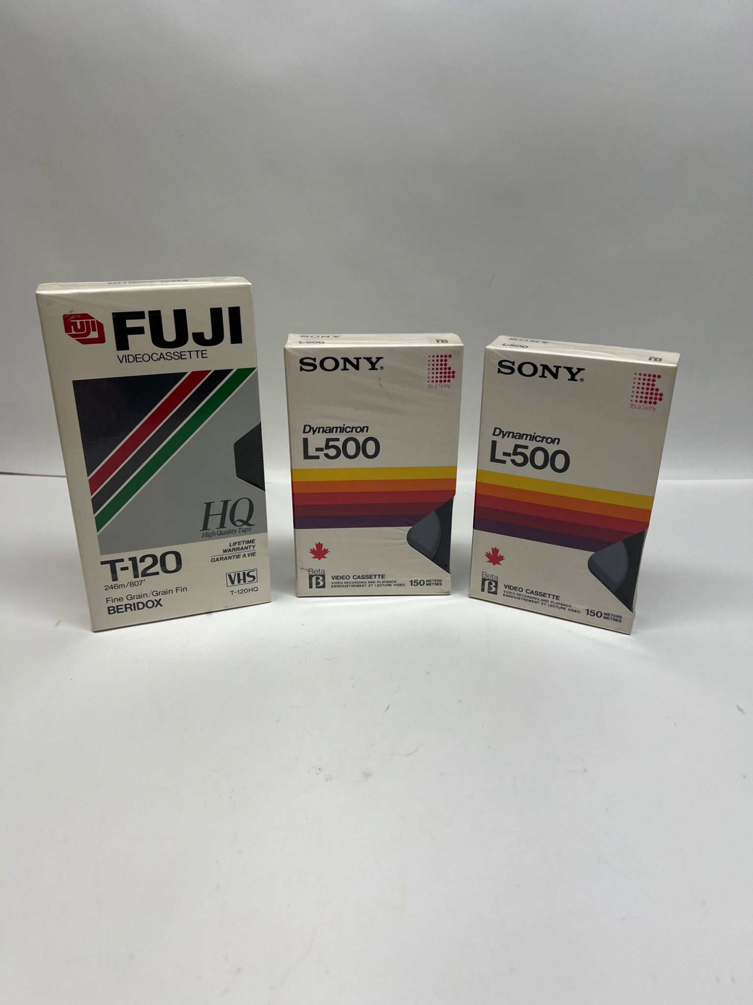 one Fuji T-120 VHS tape and two Sony L-500 Beta tapes factory sealed