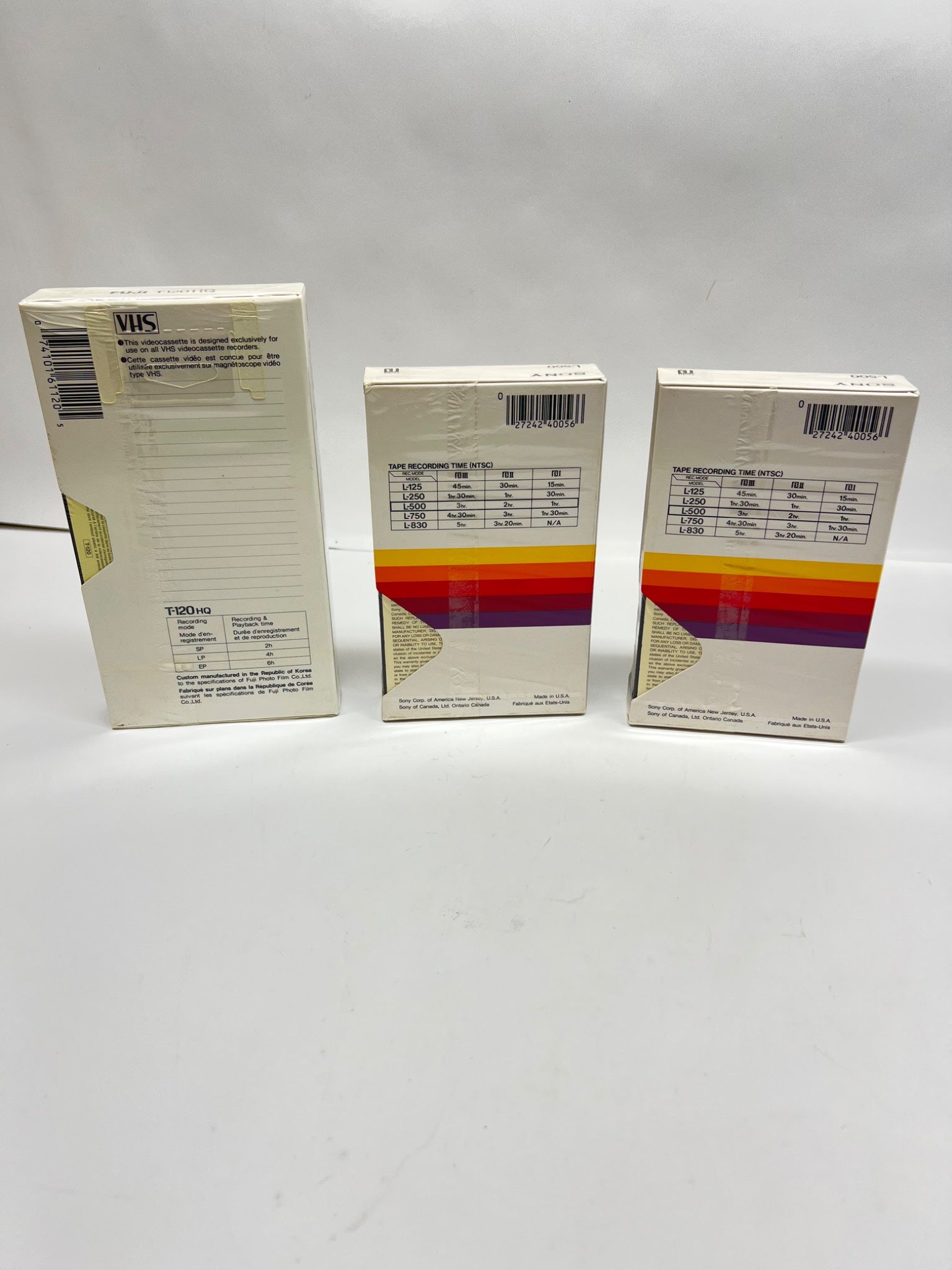 one Fuji T-120 VHS tape and two Sony L-500 Beta tapes factory sealed