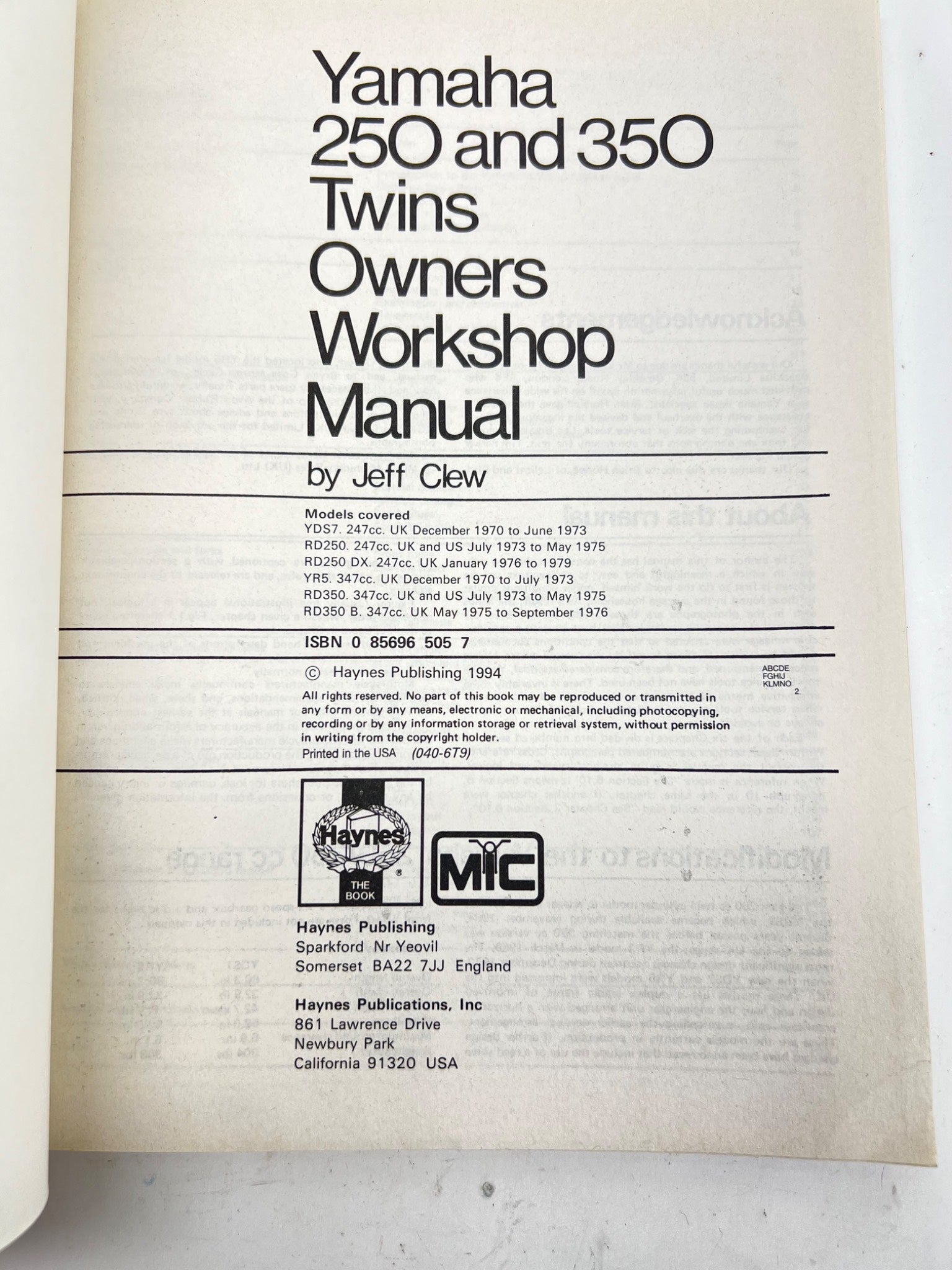 Yamaha 250 and 350 Twins Haynes Manual1970 to 1979