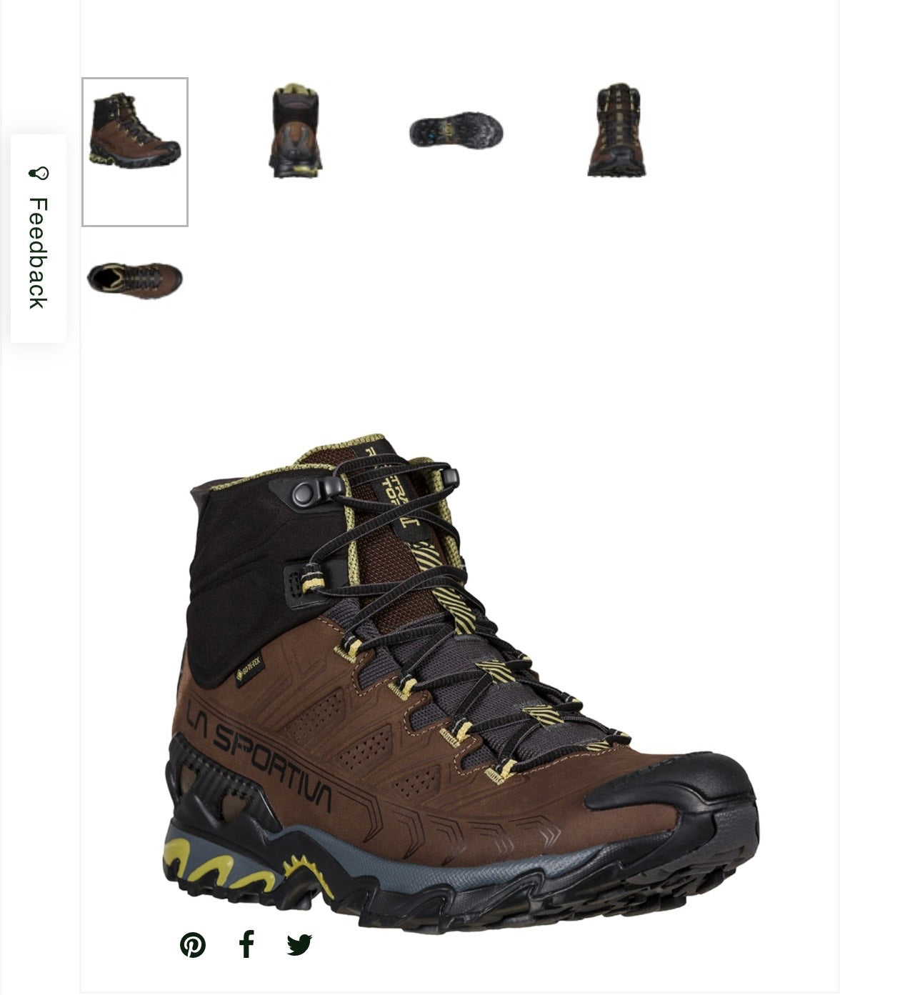 Brown hiking boot with black and yellow accents on a white background