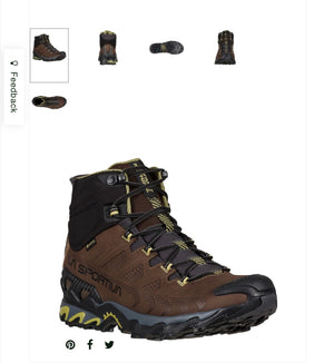 Brown hiking boot with black and yellow accents on a white background