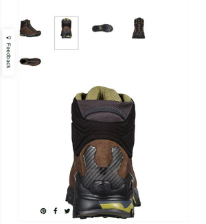 Black and brown hiking boot with visible brand logo on a white background