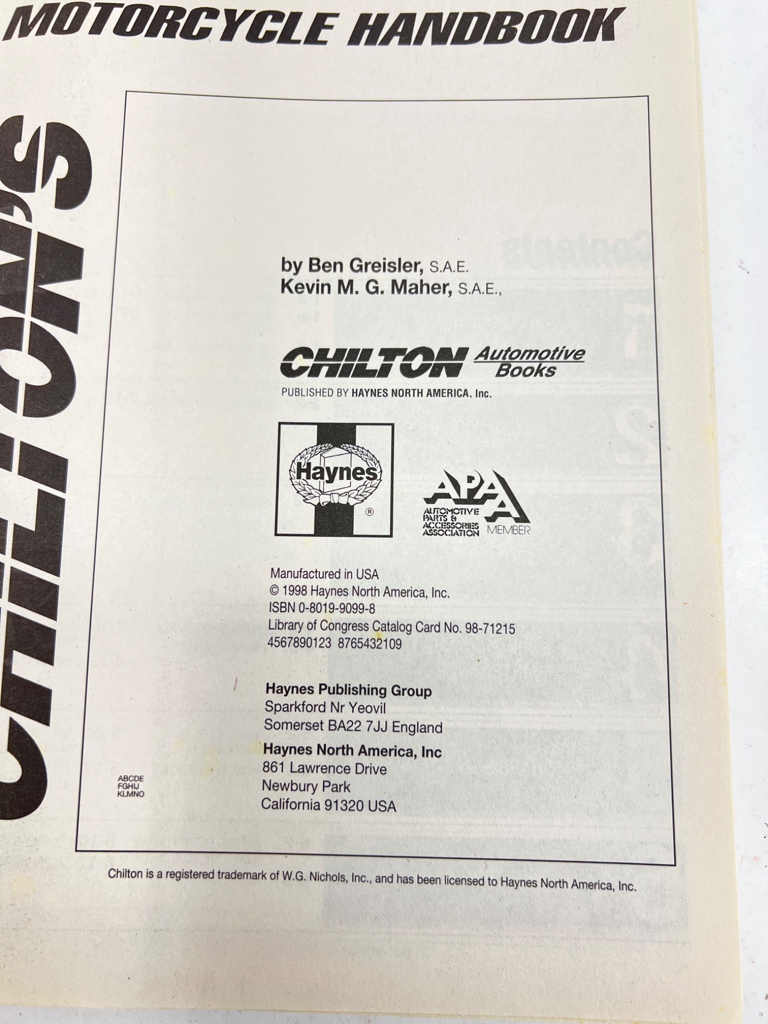 Chilton's Motorcycle Owners Handbook 9099 Very Good Condition 1998 Maintenance