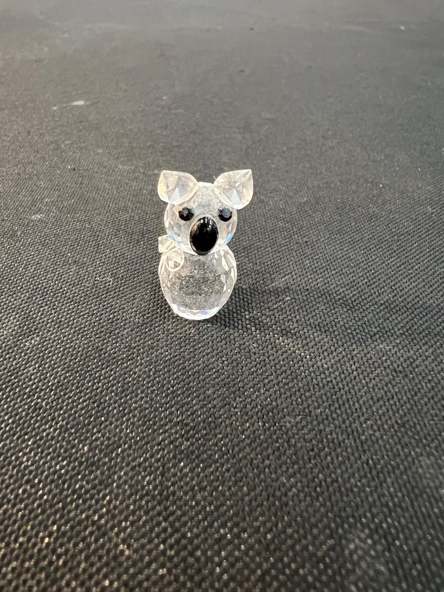 Clear glass koala figurine on a dark textured surface
