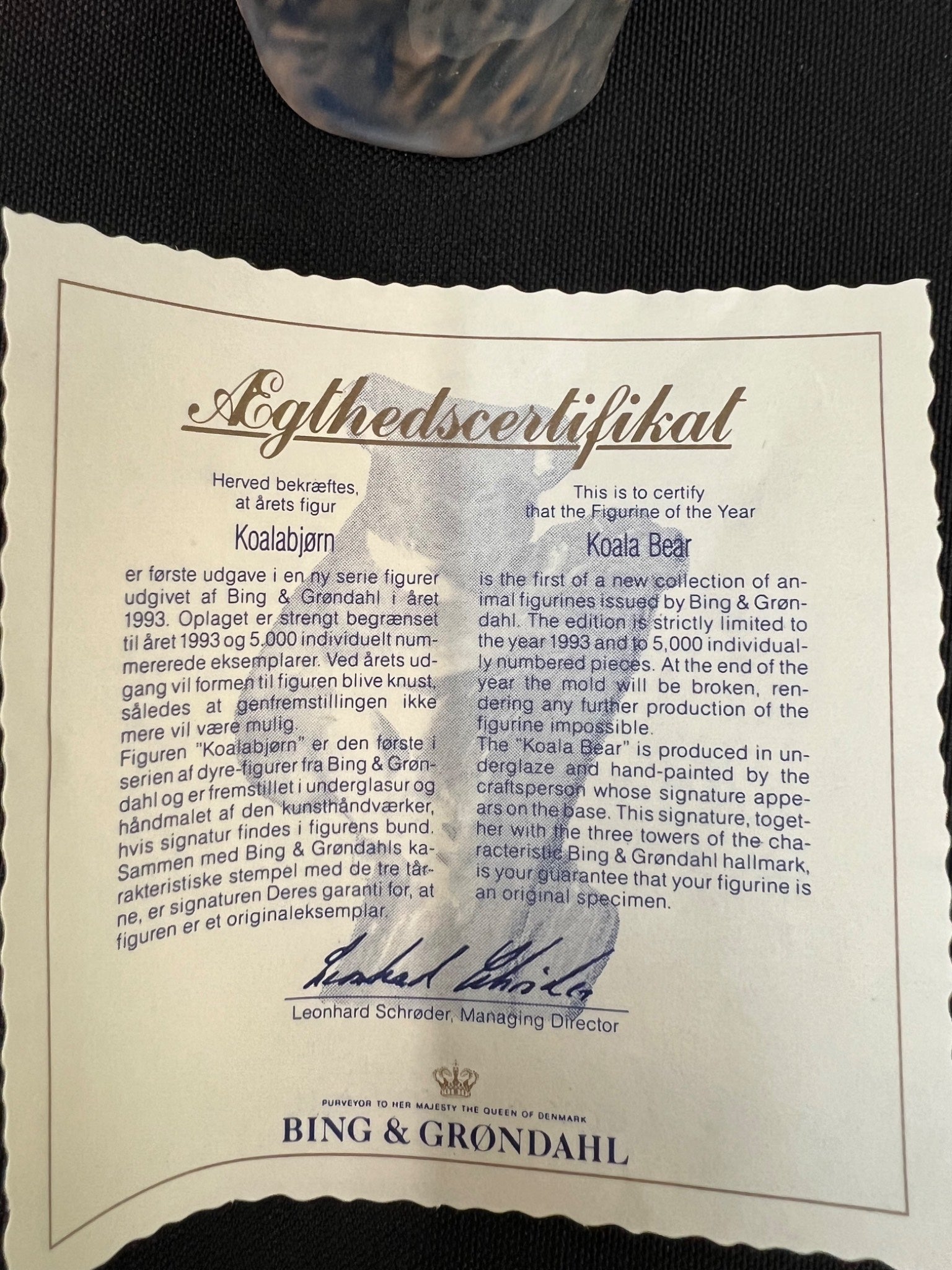 Certificate of authenticity for a Bing & Grondahl koala bear figurine, with text and a signature.