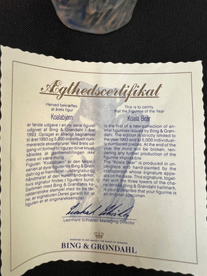 Certificate of authenticity for a Bing & Grondahl koala bear figurine, with text and a signature.