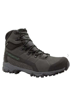 Gray hiking boot with black sole on a white background