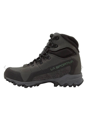 Gray hiking boot with black sole on a white background