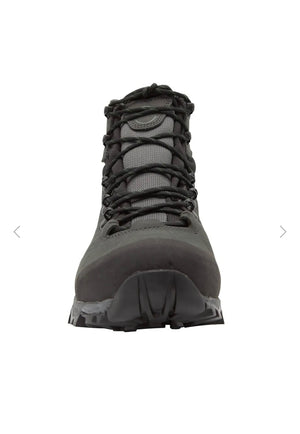 Gray hiking boot with black laces on a white background