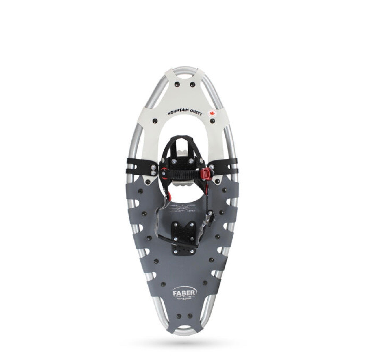 Gray snowshoe with black straps on a white background