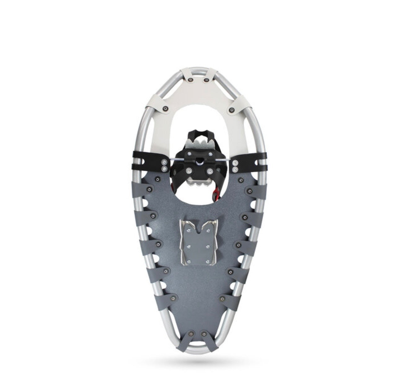Gray snowshoe with metal brackets on a white background