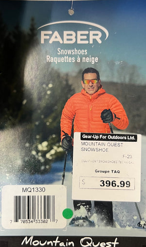 Faber snowshoes packaging with a person in winter gear and mountain scene