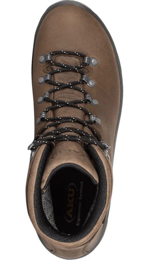 Brown boot with black laces on a white background