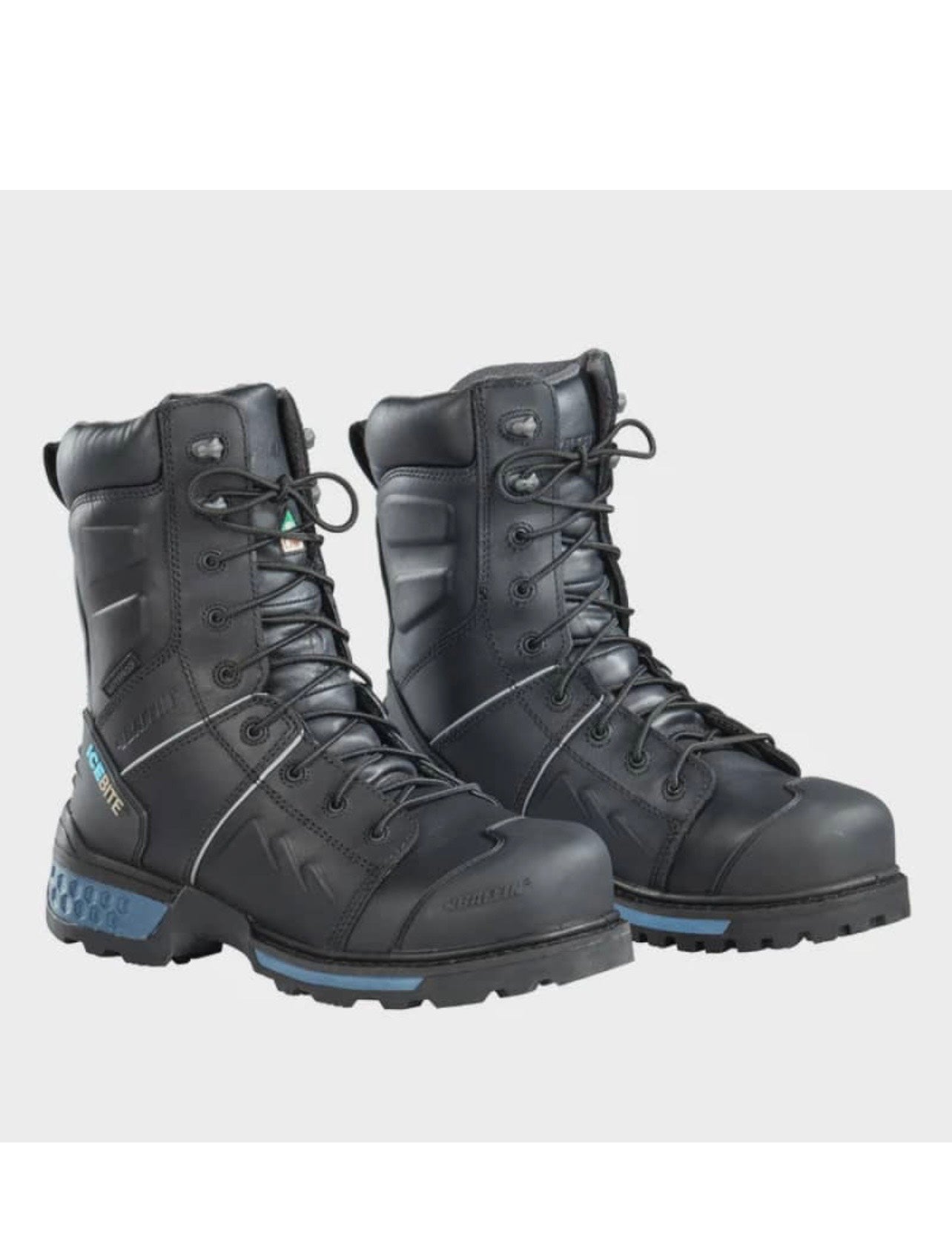 Pair of black tactical boots with blue accents on a white background