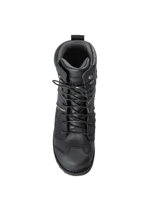Black boot with laces on a white background