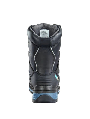 Black winter boot with blue sole on a white background