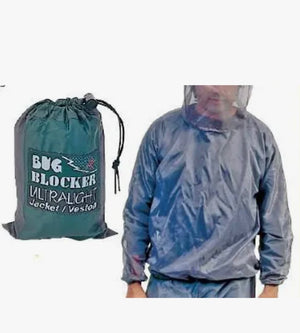 Bug Blocker ultralight jacket and carrying bag on a white background