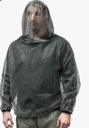 Person wearing a gray insect repellent jacket with a hood on a white background
