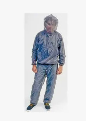 Person wearing a gray raincoat and pants on a white background