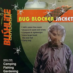 Bug Blocker Jacket packaging with a person wearing the jacket on a green background