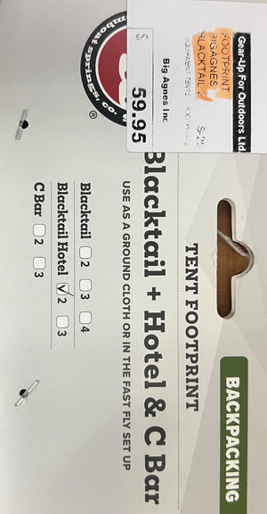 Blacktail + Hotel & C Bar tent footprint with branding and product details.