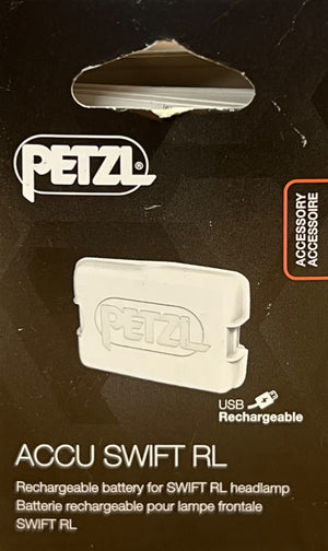 Petzl Accu Swift RL rechargeable battery packaging on a black background