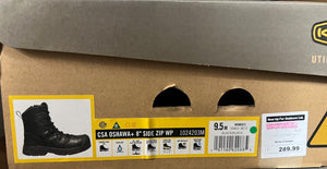 Cardboard box with a boot label and price tag on a gray background