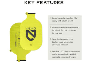 Nemo inflatable sleeping pad with key features listed on a white background