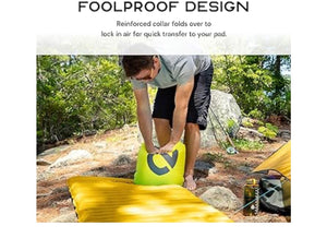 Person setting up a yellow camping mat outdoors with text about foolproof design.