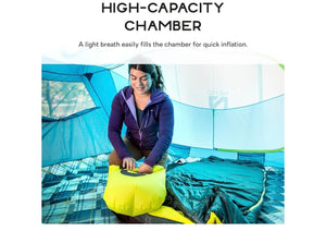 Person inflating a camping tent with a high-capacity chamber, text indicating quick inflation.