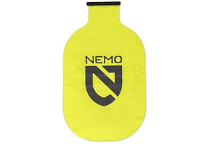 Yellow hot water bottle with Nemo logo on a white background