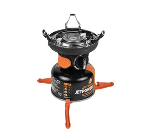 Jetboil stove with orange legs on a white background