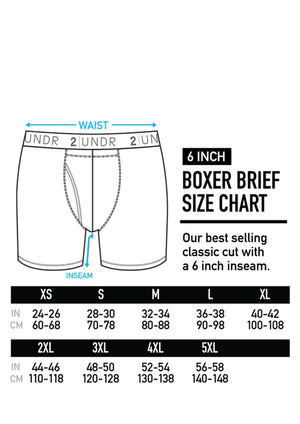 Size chart for 2UNDR boxer briefs with waist and inseam measurements.