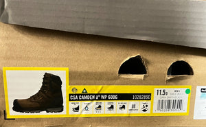 Box of CSA Camden boots with a yellow label on cardboard packaging