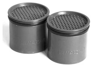Two gray metal canisters with perforated tops on a white background
