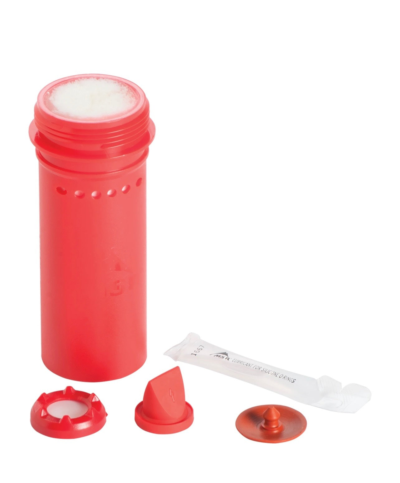 Red cylindrical container with accessories on a white background
