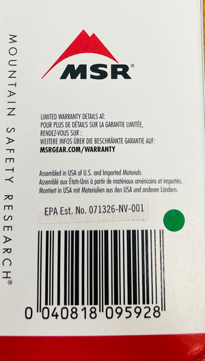 MSR (Mountain Safety Research) product label with barcode and text on a white background