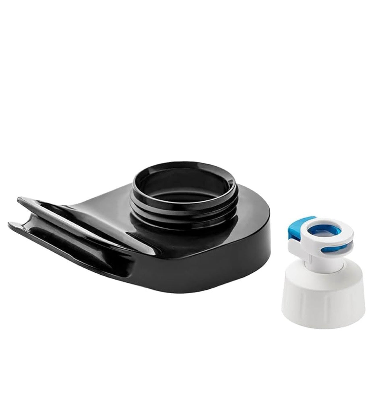 Set of kitchen tools including a black ladle, white faucet handle, and black container on a white background