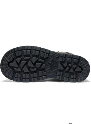 Close-up of a black boot sole with tread pattern on a white background