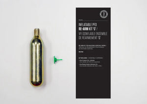 Inflatable PFD re-arm kit with cylinder and packaging on a white background