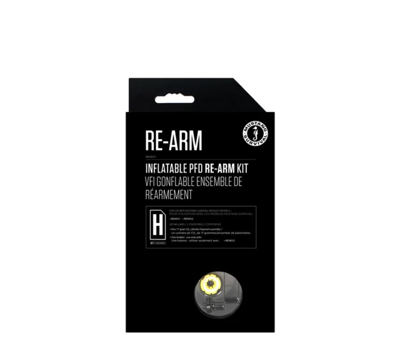 Black packaging of RE-ARM inflatable PFD re-arm kit on a white background
